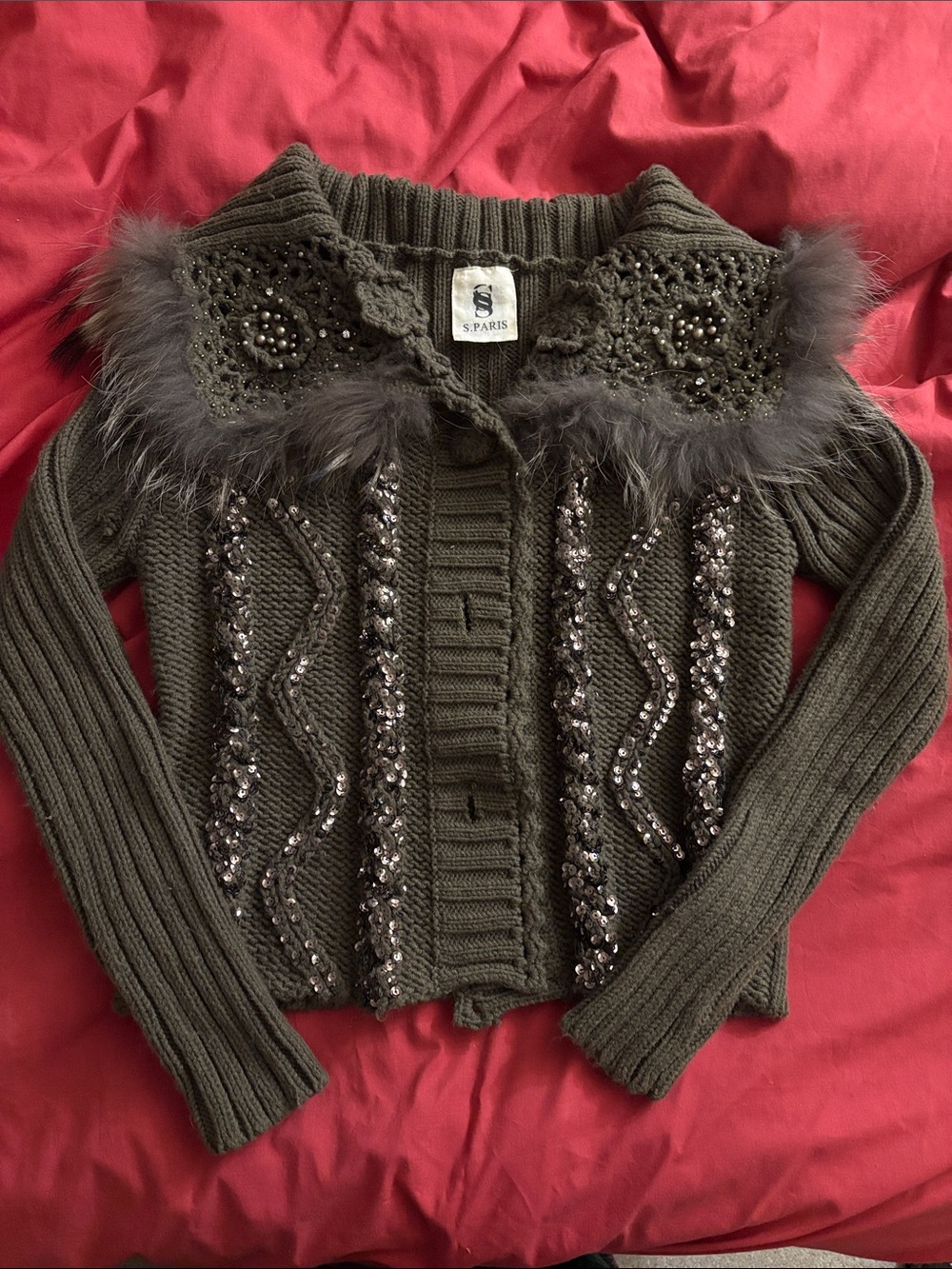 Y2K Bedazzled Knit Faux Fur Trim Cardigan Sweater